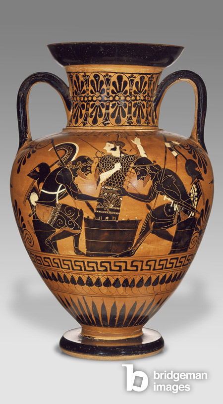 Amphore attique athénienne à col à figures noires avec Ajax et Achille, vers 510 av. J.-C