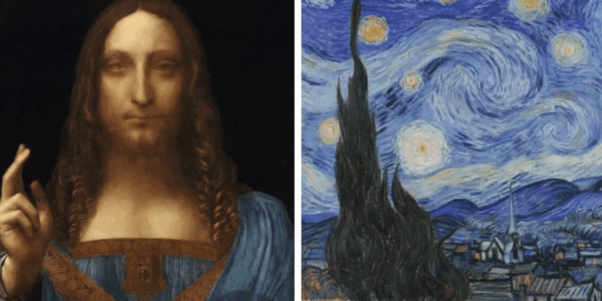 Two art masterpieces, Da Vinci's Salvator Mundi and Van Gogh's Starry Night, animated NFTs