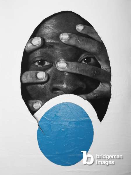 painting of a young person holding his face between his hands, black white and blue colours
