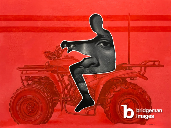 human figure on motorbike, painted in red acrylic and charcoal