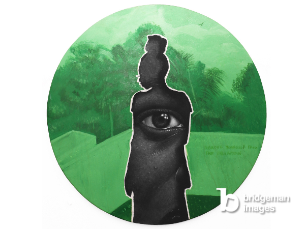 painting of a person, human figure silouhette and human eye, green circular background