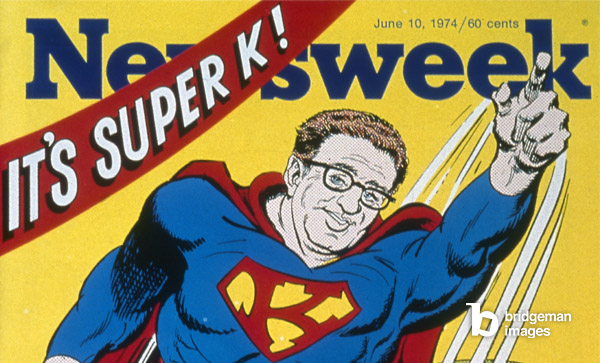 Henry Kissinger caricatured as 'Super K' on the cover of 'Newsweek' magazine, 10 June 1974