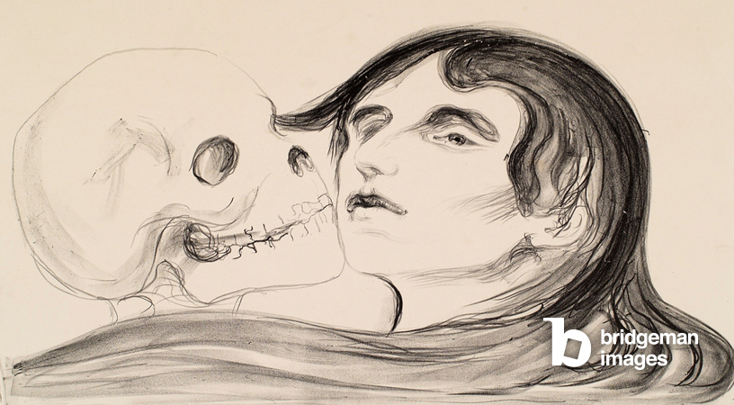 Lithographie von Edvard Munch dass eine Frau zeigt, die von einem Skelett geküsst wird