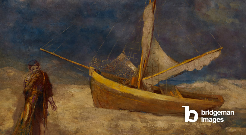 Gemälde von Odilon Redon das eine Person vor einem Schiff zeigt