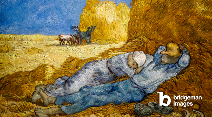 Painting titled The meridian Line also known as The Siesta by Vincent van Gogh showing two people lying down in a haystack
